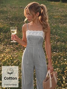 SHEIN MOD 女款蕾絲飾邊海軍藍白條紋休閒鄉村風浪漫日常細肩帶連身褲，適合早午餐、野餐、度假、夏季 - 黑與白 - 查看 6
