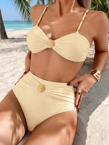 SHEIN Swim Conjunto de bikini marrón de cintura alta con control de barriga, con correa de cuentas y hebilla de metal en estilo elegante de vacaciones para mujer, Primavera/Verano 2025 - Albaricoque - Ver 1