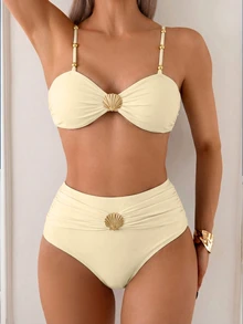 SHEIN Swim Conjunto de bikini marrón de cintura alta con control de barriga, con correa de cuentas y hebilla de metal en estilo elegante de vacaciones para mujer, Primavera/Verano 2025 - Albaricoque - Ver 3