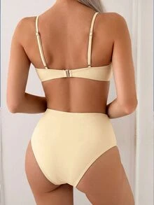SHEIN Swim Conjunto de bikini marrón de cintura alta con control de barriga, con correa de cuentas y hebilla de metal en estilo elegante de vacaciones para mujer, Primavera/Verano 2025 - Albaricoque - Ver 2