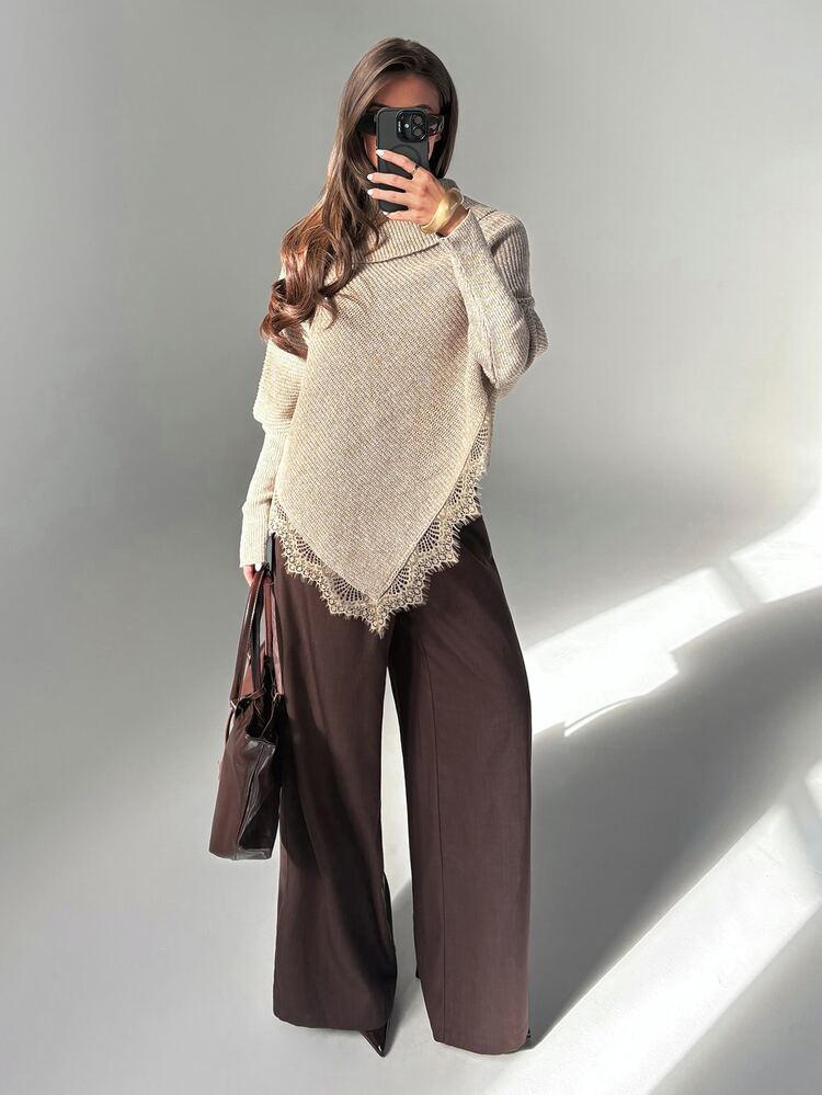Aloruh Beige Women's Batwing Long Sleeve Contrast Lace Asymmetric Hem Sweater Office Brunch Fall French Elegant - Khaki - View 7
