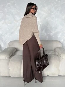 Aloruh 米色女款蝙蝠袖長袖對比蕾絲不對稱下擺針織衫 辦公室早午餐 秋季法式優雅風 - 卡其色 - 查看 5