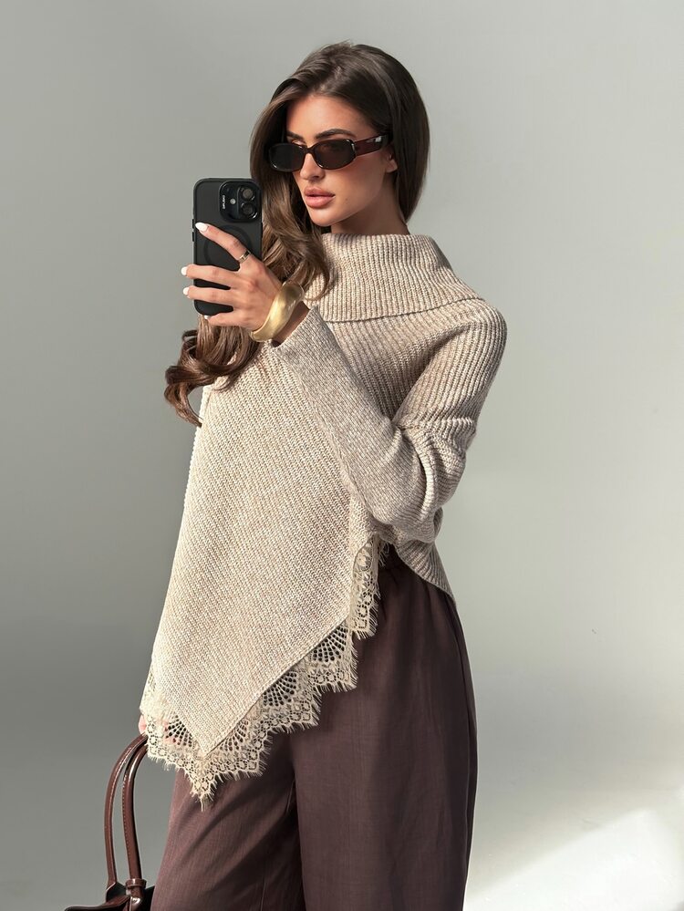 Aloruh Beige Women's Batwing Long Sleeve Contrast Lace Asymmetric Hem Sweater Office Brunch Fall French Elegant - Khaki - View 5