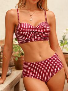 SHEIN Swim Summer Beach Plaid Bikini Set Twist Push Up Bra & High Waisted Bottom 2 Piece Bathing Suit - Red and White - View 7