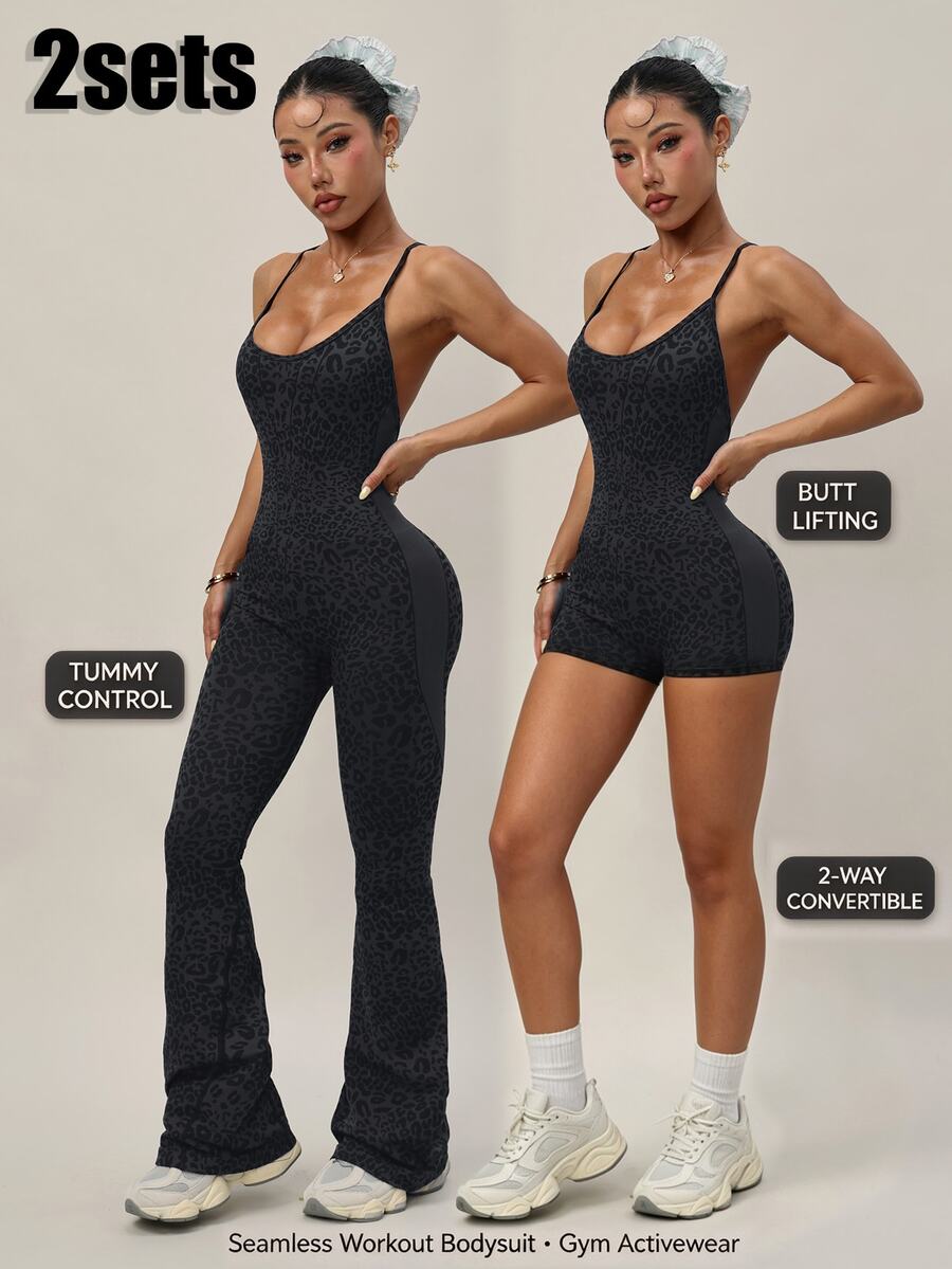 SHEIN Velisys Seamless Knit Same Color Leopard Print Sports Sporty Sexy Romper + Romper Pants 2-Piece Set Gym Grey Leopard Print Autumn - Dark Grey - View 1