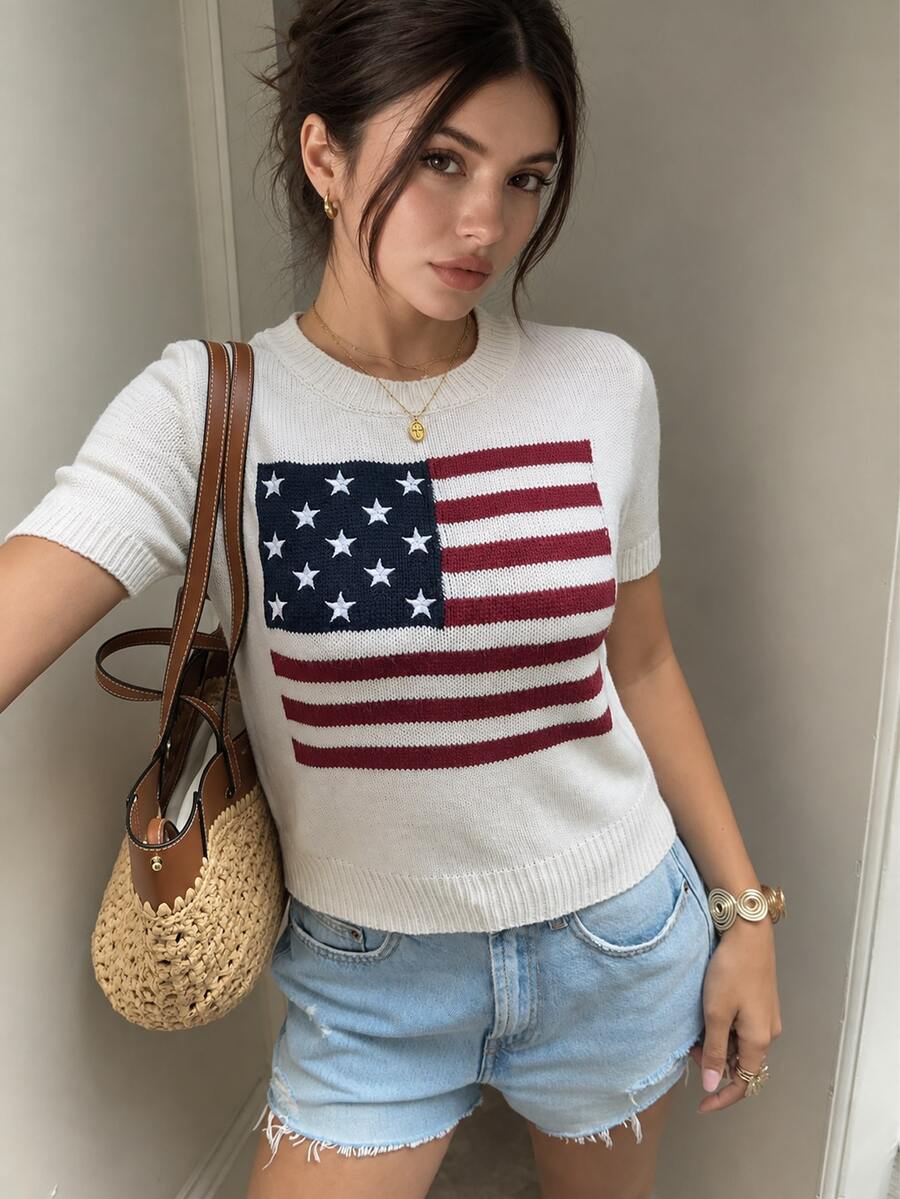 Autumina Women's Autumn Casual Retro Vintage 70s Graphic 2000s Minimalist Lazy Fashion Versatile National Flag Round Neck Pullover Short Sleeve Sweater White - Multicolor - View 1