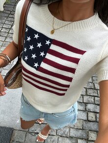 Autumina Women's Autumn Casual Retro Vintage 70s Graphic 2000s Minimalist Lazy Fashion Versatile National Flag Round Neck Pullover Short Sleeve Sweater White - Multicolor - View 5