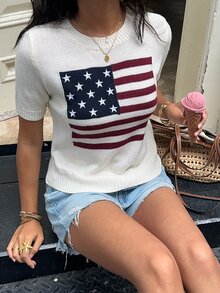 Autumina Women's Autumn Casual Retro Vintage 70s Graphic 2000s Minimalist Lazy Fashion Versatile National Flag Round Neck Pullover Short Sleeve Sweater White - Multicolor - View 3