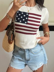 Autumina Women's Autumn Casual Retro Vintage 70s Graphic 2000s Minimalist Lazy Fashion Versatile National Flag Round Neck Pullover Short Sleeve Sweater White - Multicolor - View 4