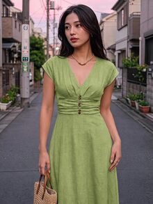 Skyraze 女款優雅杏色V領小飛袖洋裝 - 綠色 - 查看 6