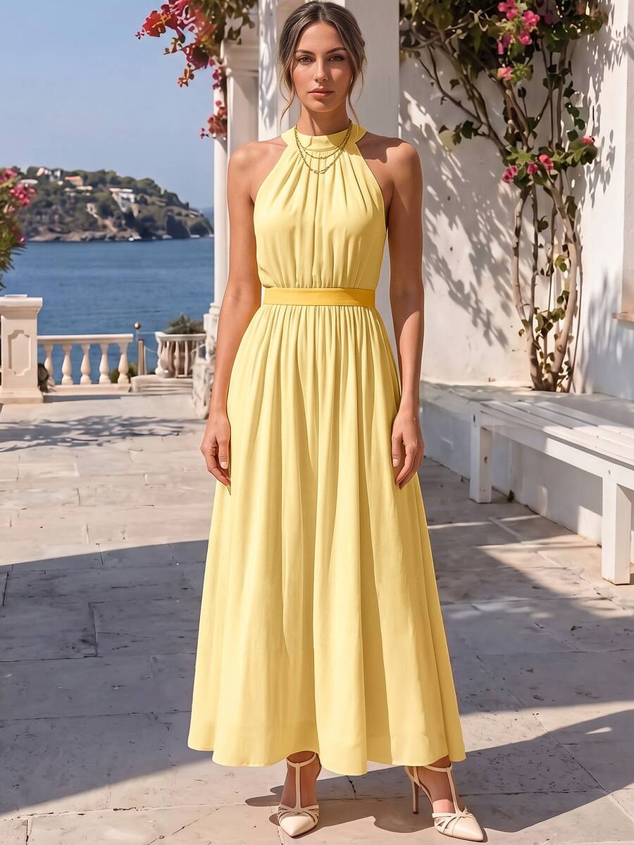 Franclia 女款新款數位印花掛脖收腰洋裝,適合海灘度假與旅行,黃色夏季熱帶優雅風 - 黃色 - 查看 1