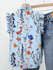SHEIN Rosurelle 法式復古浪漫優雅夏季花卉印花荷葉邊飾鈕扣前襟襯衫，適合早午餐度假，淺藍色花卉 - 淺藍色 - 查看 3