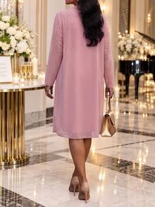 Fleurora Plus Size Women's Elegant Lace Patchwork Long Sleeve Round Neck Pleated Dress And Long Sleeve Asymmetrical Hem Cover-Up 2 Pieces Set Fall - Dusty Pink - View 4