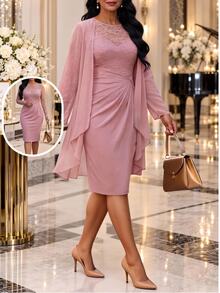 Fleurora Plus Size Women's Elegant Lace Patchwork Long Sleeve Round Neck Pleated Dress And Long Sleeve Asymmetrical Hem Cover-Up 2 Pieces Set Fall - Dusty Pink - View 1