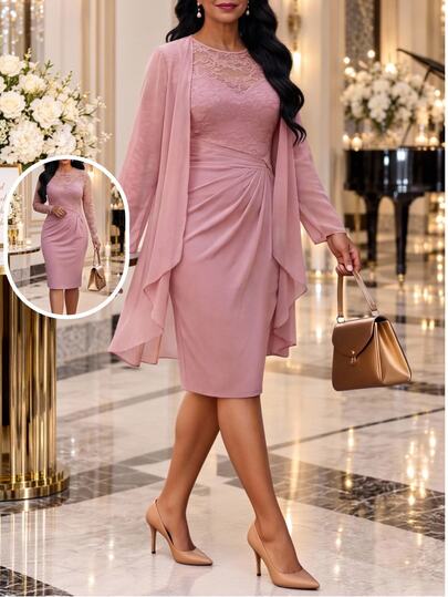 Fleurora Plus Size Women's Elegant Lace Patchwork Long Sleeve Round Neck Pleated Dress And Long Sleeve Asymmetrical Hem Cover-Up 2 Pieces Set