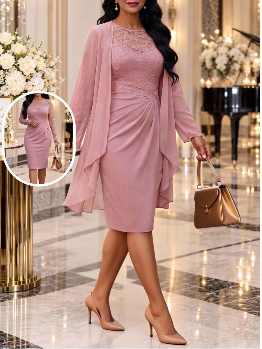 Fleurora Plus Size Women's Elegant Lace Patchwork Long Sleeve Round Neck Pleated Dress And Long Sleeve Asymmetrical Hem Cover-Up 2 Pieces Set Fall - Dusty Pink - View 1