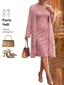 Fleurora Plus Size Women's Elegant Lace Patchwork Long Sleeve Round Neck Pleated Dress And Long Sleeve Asymmetrical Hem Cover-Up 2 Pieces Set Fall - Dusty Pink - View 5