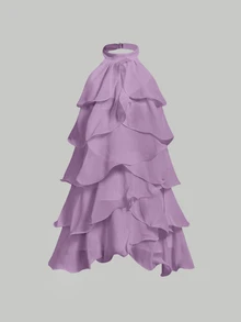 Skyraze White Multi-Layer Ruffle Halter Neck Stand Collar Mini Dress - Lilac Purple - View 3