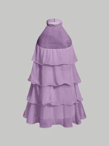 Skyraze White Multi-Layer Ruffle Halter Neck Stand Collar Mini Dress - Lilac Purple - View 4