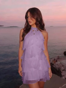 Skyraze White Multi-Layer Ruffle Halter Neck Stand Collar Mini Dress - Lilac Purple - View 8