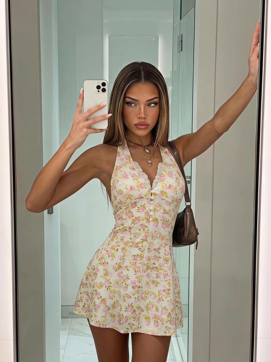 Sweetina Deep V-Neck Floral Mini Dress, Vacation Style Golf White Summer Sexy - Pink - View 1