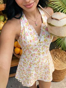 Sweetina Deep V-Neck Floral Mini Dress, Vacation Style Golf White Summer Sexy - Pink - View 6