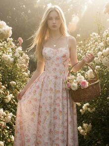SHEIN ICON Spring And Summer Yellow Vacation Casual Ditsy Floral Spaghetti Strap Flowy Sundress Dress,Summer Dresses For Women - Pink - View 3
