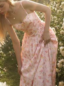 SHEIN ICON Spring And Summer Yellow Vacation Casual Ditsy Floral Spaghetti Strap Flowy Sundress Dress,Summer Dresses For Women - Pink - View 4