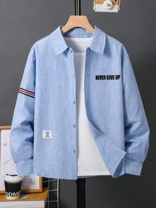 SHEIN 兒童青少年男孩休閒日常舒適字母圖案織帶裝飾純藍色翻領寬鬆長袖梭織鈕扣襯衫，適合通勤、上學、日常休閒外出、運動，春秋秋冬返校季 - 藍色 - 查看 4