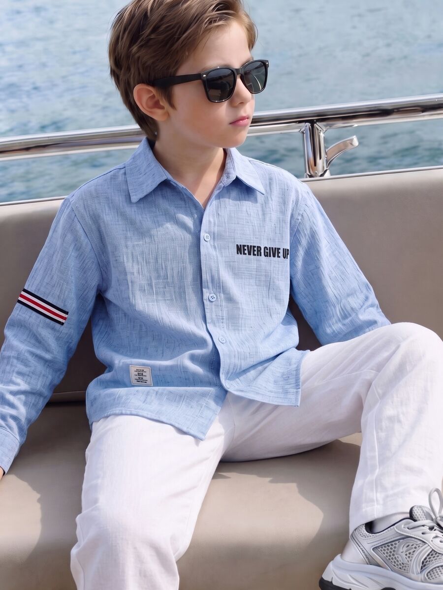 SHEIN Kids Tween Boy Casual Daily Comfortable Letter Pattern Webbing Decor Solid Blue Turn-Down Collar Loose Long Sleeve Woven Button-Down Shirt Suitable For Commuting School Daily Casual Outings Sports Spring Summer Autumn Winter Back To School Season - Blue - View 1