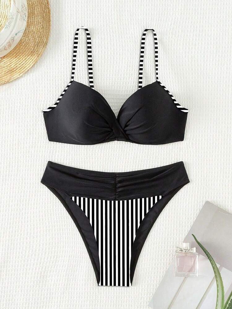 SHEIN Swim Women's Summer Beach Striped Crossed Front Sexy Bikini Set, Random Prints - Black and White - View 3