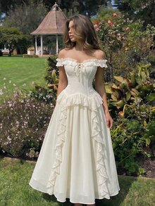 SHEIN MOD Vestido de gasa con volantes de encaje blanco - Beis - Ver 5