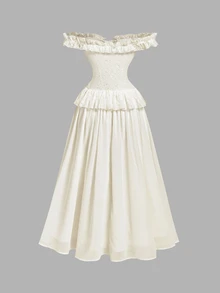 SHEIN MOD Vestido de gasa con volantes de encaje blanco - Beis - Ver 4