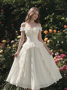SHEIN MOD Vestido de gasa con volantes de encaje blanco - Beis - Ver 1