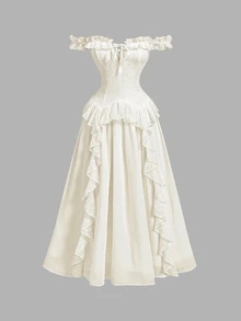 SHEIN MOD Vestido de gasa con volantes de encaje blanco - Beis - Ver 2