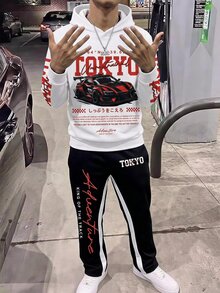 SHEIN 兒童青少年男孩秋季新款休閒極簡 Y2K 配色賽車酷風嘻哈英文字母星星圖案寬鬆連帽衛衣長袖喇叭長褲兩件套，適合秋冬 - 白色 - 查看 3