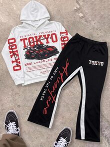 SHEIN 兒童青少年男孩秋季新款休閒極簡 Y2K 配色賽車酷風嘻哈英文字母星星圖案寬鬆連帽衛衣長袖喇叭長褲兩件套，適合秋冬 - 白色 - 查看 4