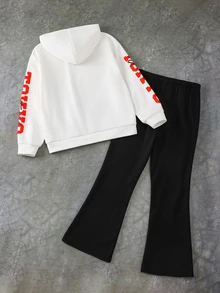 SHEIN 兒童青少年男孩秋季新款休閒極簡 Y2K 配色賽車酷風嘻哈英文字母星星圖案寬鬆連帽衛衣長袖喇叭長褲兩件套，適合秋冬 - 白色 - 查看 2