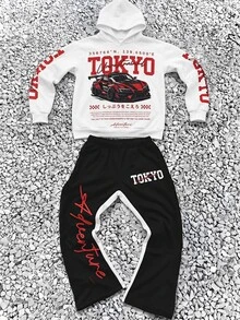 SHEIN 兒童青少年男孩秋季新款休閒極簡 Y2K 配色賽車酷風嘻哈英文字母星星圖案寬鬆連帽衛衣長袖喇叭長褲兩件套，適合秋冬 - 白色 - 查看 5