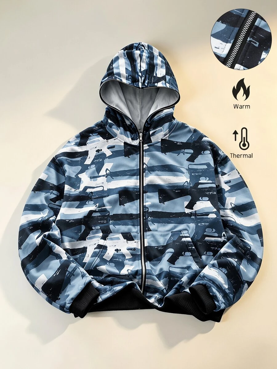 ROMWE MEN Gun Camo Pattern Loose Sweatshirt Sweatshirt, Streetwear Retro - Multicolor - View 1