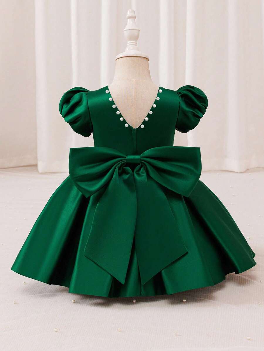 Glamorique Kids 女童绿色缎面连衣裙，短袖泡泡袖连体裙，后背手工串珠大蝴蝶结，适合女宝宝生日、晚宴、派对等场合，优雅高端公主裙