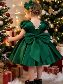 Glamorique Kids 女童绿色缎面连衣裙，短袖泡泡袖连体裙，后背手工串珠大蝴蝶结，适合女宝宝生日、晚宴、派对等场合，优雅高端公主裙 - 綠色 - 查看 4