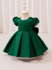 Glamorique Kids 女童绿色缎面连衣裙，短袖泡泡袖连体裙，后背手工串珠大蝴蝶结，适合女宝宝生日、晚宴、派对等场合，优雅高端公主裙 - 綠色 - 查看 5