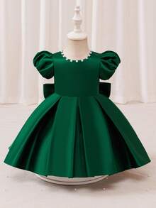 Glamorique Kids 女童绿色缎面连衣裙，短袖泡泡袖连体裙，后背手工串珠大蝴蝶结，适合女宝宝生日、晚宴、派对等场合，优雅高端公主裙 - 綠色 - 查看 3