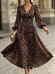 RosyDaze Women's Fashion Long Sleeve All-Over Leopard Print Dress, Autumn/Winter - Brown - View 3