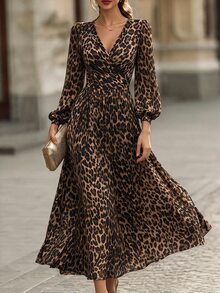 RosyDaze Women's Fashion Long Sleeve All-Over Leopard Print Dress, Autumn/Winter - Brown - View 1