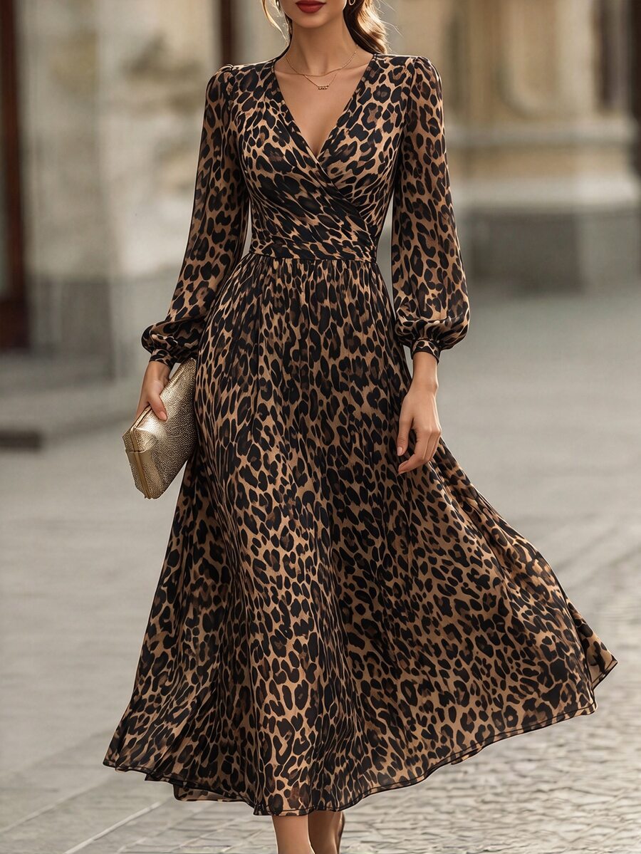 RosyDaze Women's Fashion Long Sleeve All-Over Leopard Print Dress, Autumn/Winter - Brown - View 1