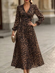 RosyDaze Women's Fashion Long Sleeve All-Over Leopard Print Dress, Autumn/Winter - Brown - View 4