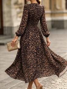 RosyDaze Women's Fashion Long Sleeve All-Over Leopard Print Dress, Autumn/Winter - Brown - View 2