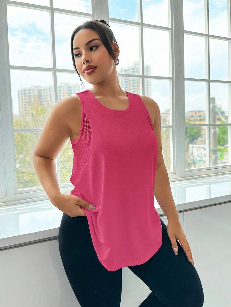 Easithlete Plus Size Women's Simple Solid Color Patchwork Breathable Mesh Curved Hem Sports Tank Top Workout Curve Gym Loose Activewear Hot Pink Summer - Red - View 5